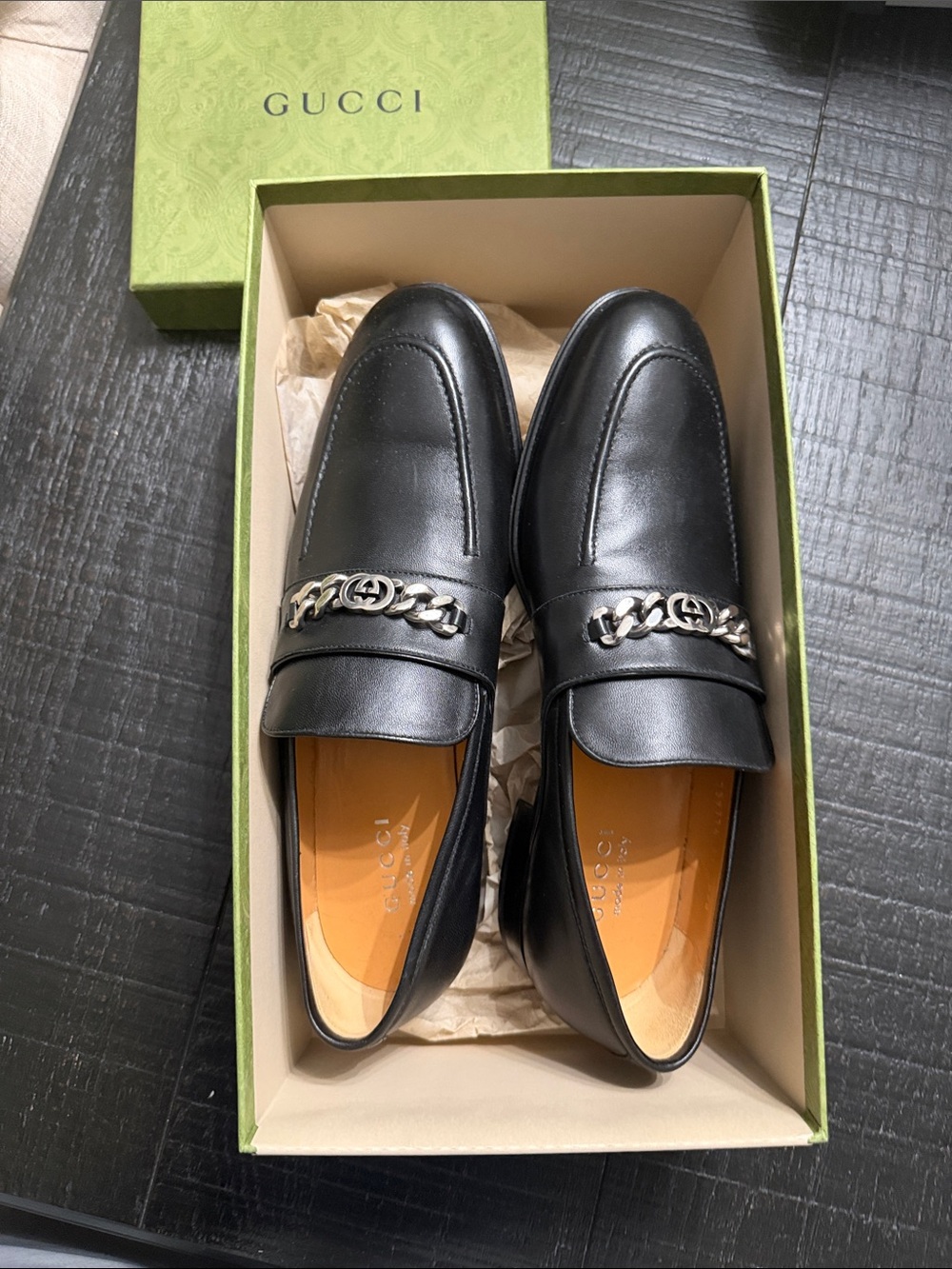 Gucci Black Leather Loafers with Silver Chain Detail - Picture 7 of 8